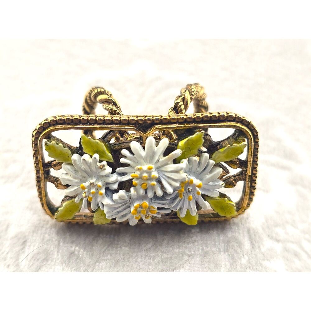 Vintage Scarf Holder Clip Enamel Flowers Marked ART Brand MCM Gold Tone Jewelry